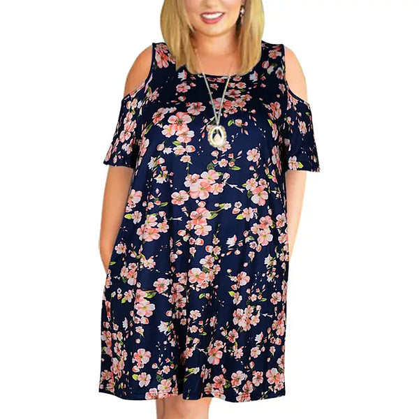 Big size women’s summer dress with floral pattern, featuring cold shoulder design and pockets, perfect for casual outings.