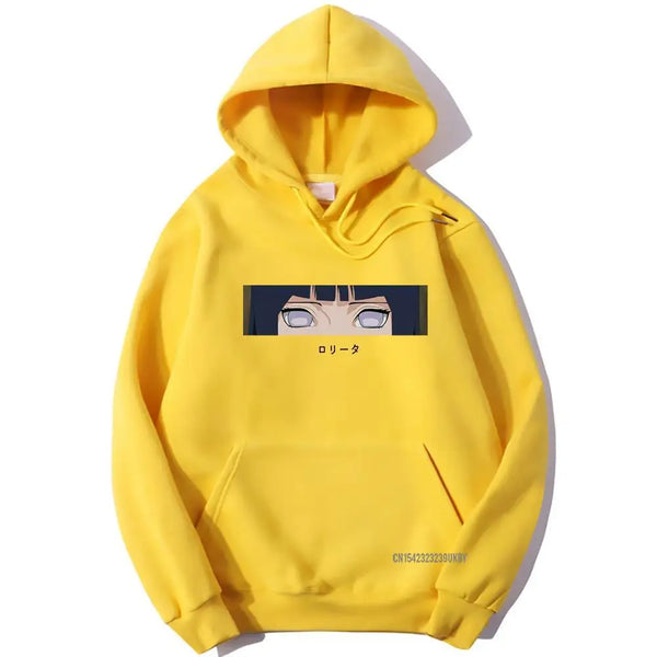 Yellow Hinata anime print unisex hoodie featuring front anime design, perfect for both men and women, available in plus sizes S-3XL.