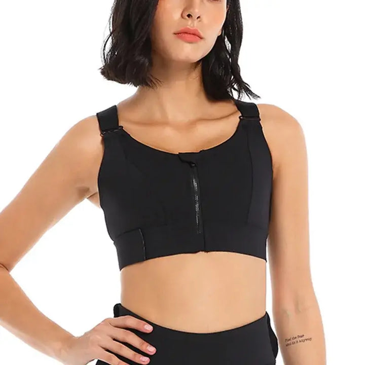 Front Zipper High Impact Sports Bra in black, designed for plus size women, offering comfort and support for workouts.