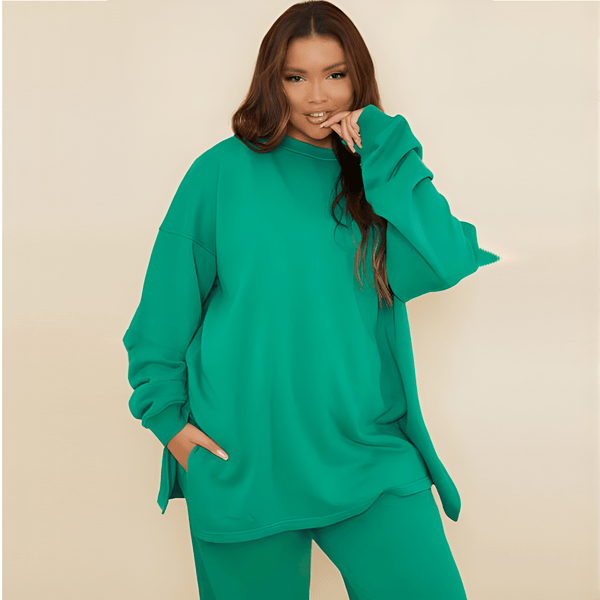 A woman wearing green Matching Colour Women's Hooded Loungewear Set at AWESIZE