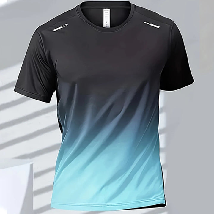 Gradient unisex activewear t-shirt in black and blue, perfect for sports and casual wear, featuring 3D printing technology.