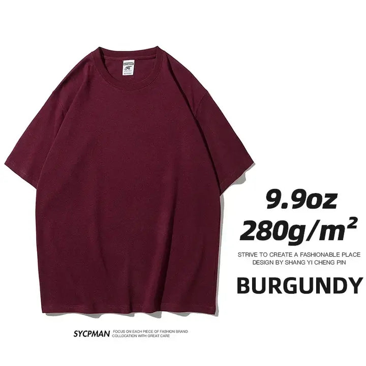 Burgundy oversized unisex cotton t-shirt, dense 280gm fabric, featuring classic design for modern comfort and style.