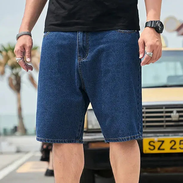 Men's plus size denim shorts for casual summer comfort, featuring a relaxed fit and solid jeans color for versatile style.