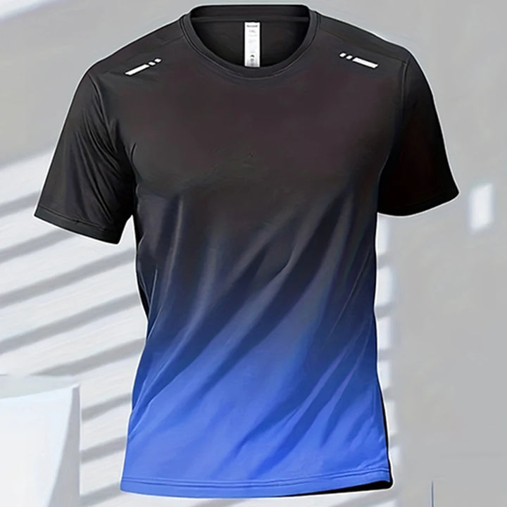 Gradient colour unisex activewear t-shirt in black and blue, perfect for sports and casual wear.