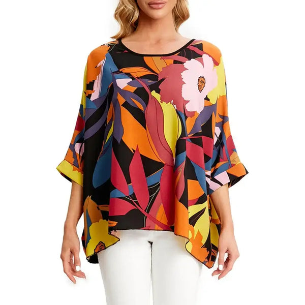 Plus Size Women's Printed Summer Top with colorful floral design and batwing sleeves, perfect for stylish summer wear.