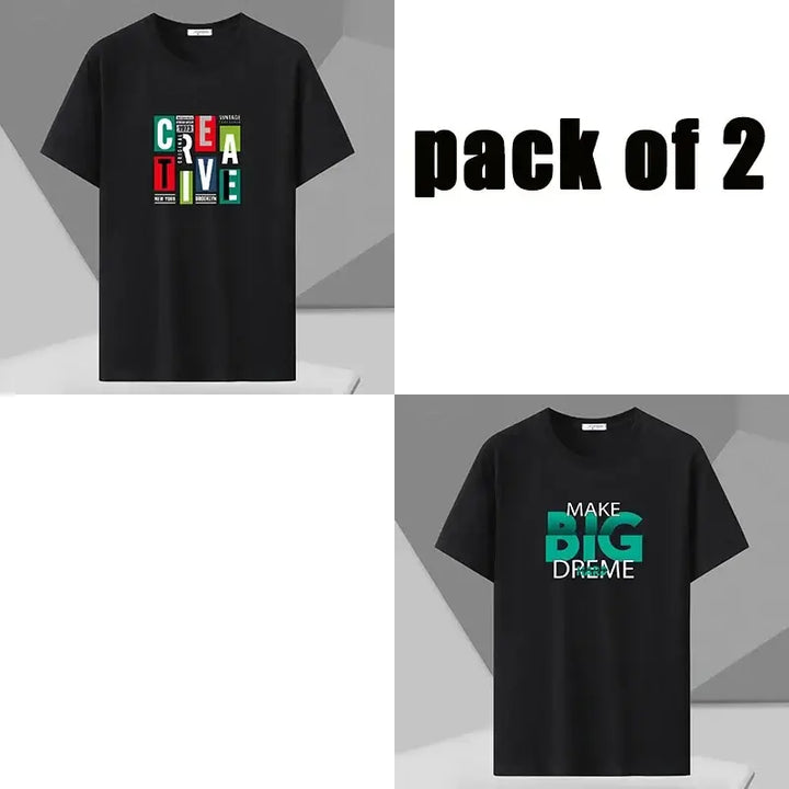 Pack of 2 oversized cotton t-shirts for men, featuring stylish graphic prints "CREATIVE" & "MAKE BIG DREAMS"