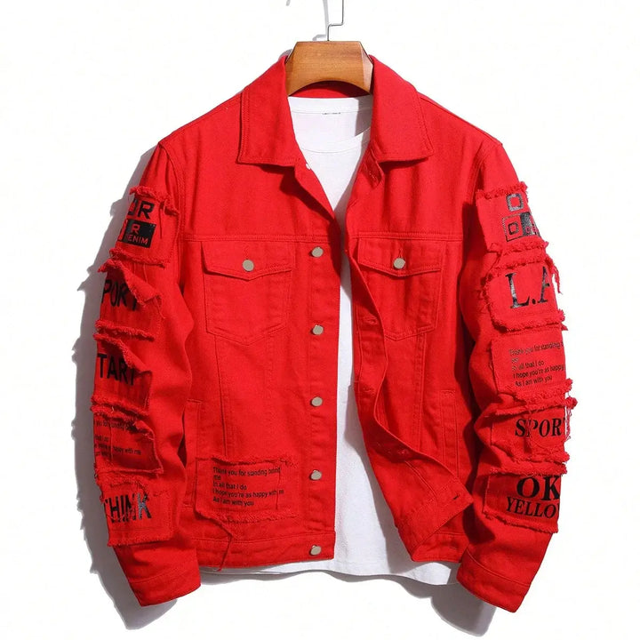 Red denim jacket with multi patches, button-up front, displayed on hanger. Vintage streetwear style for men, sizes XS-2XL.