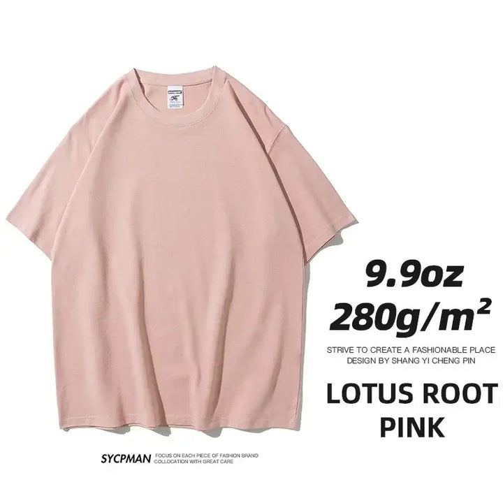 Oversized unisex t-shirt in lotus root pink, 280gm cotton fabric, featuring classic team collar design for comfort and style.