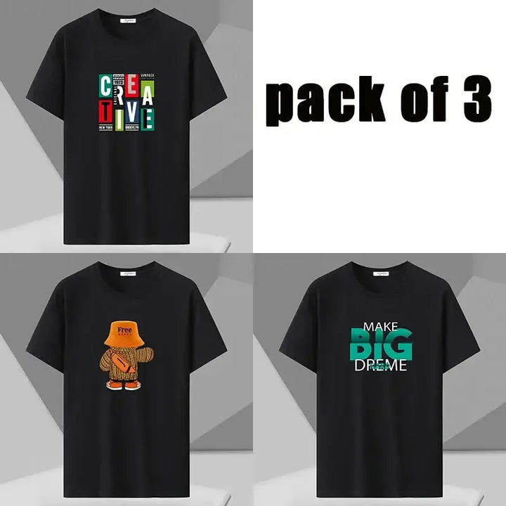 Pack of 3 Oversized Cotton T-Shirts for Plus Size Men with Graphic Prints