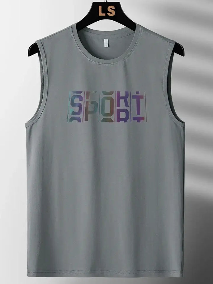 Comfortable gray plus size tank top for men with colorful "SPORT" graphic, perfect for workouts and casual wear.