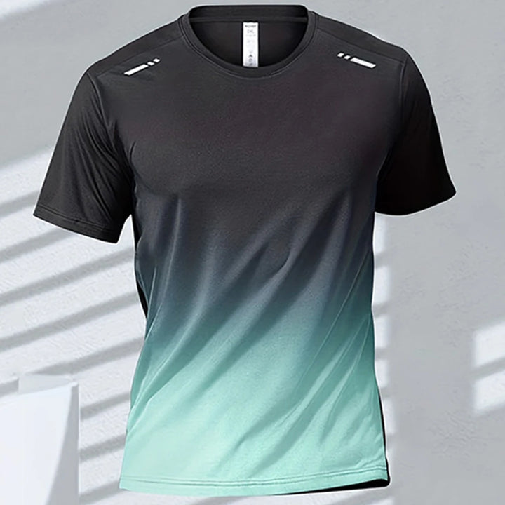 Gradient colour unisex activewear T-shirt featuring a black to teal design, ideal for sports and casual wear.