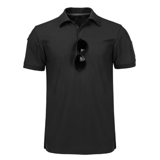 Quick Dry Military Style Men's Sports Polo Shirt in Black with Sunglasses