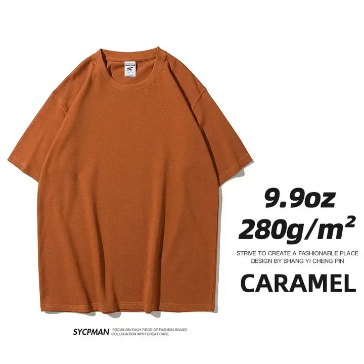 Oversized caramel unisex cotton t-shirt, 280g/m² fabric, classic collar, part of the comfortable and stylish collection.