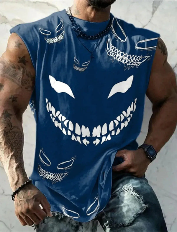 Men's sleeveless t-shirt with graphic design featuring playful skull motifs and a casual style for workouts or streetwear.