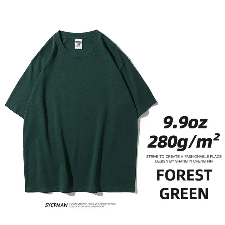 Forest green oversized unisex cotton t-shirt, 280gm fabric, modern casual wear.