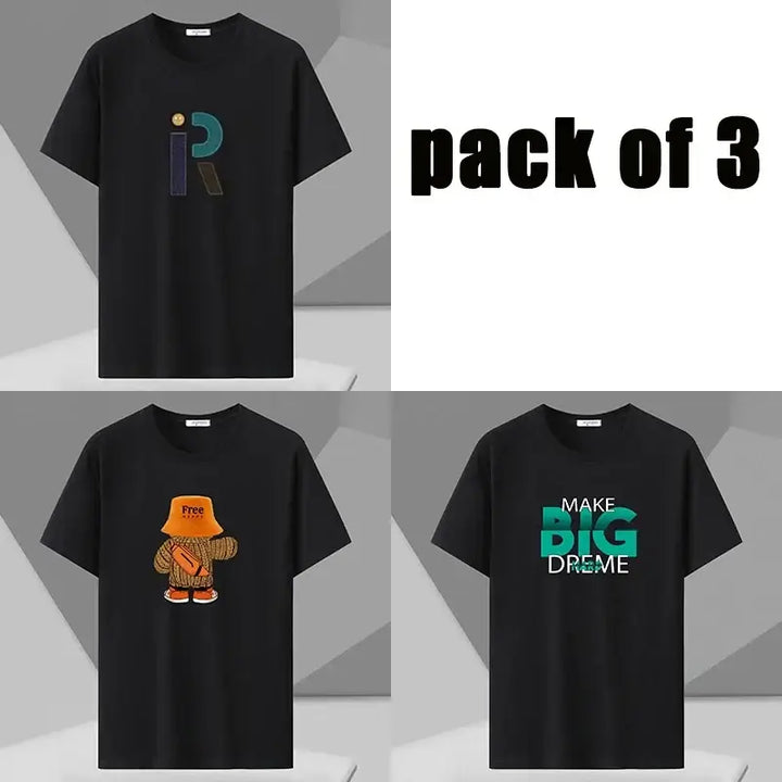 Pack of 3 oversized cotton T-shirts for plus size men with stylish graphic prints, black color, perfect for summer comfort and style.