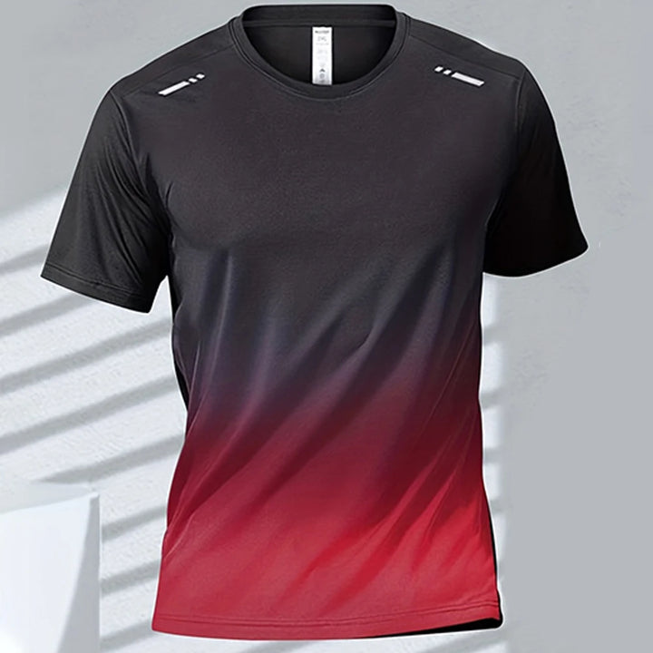 Gradient colour unisex activewear t-shirt featuring a black to red design, perfect for sports and casual wear.