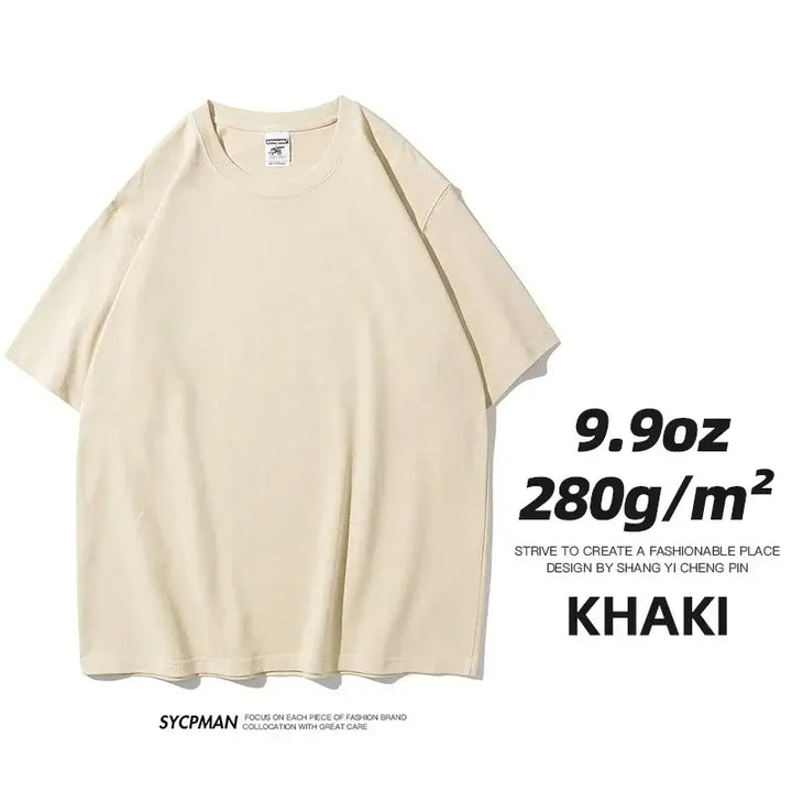 Oversized unisex khaki t-shirt made of 280gm cotton fabric, showcasing design details and comfort-focused features.