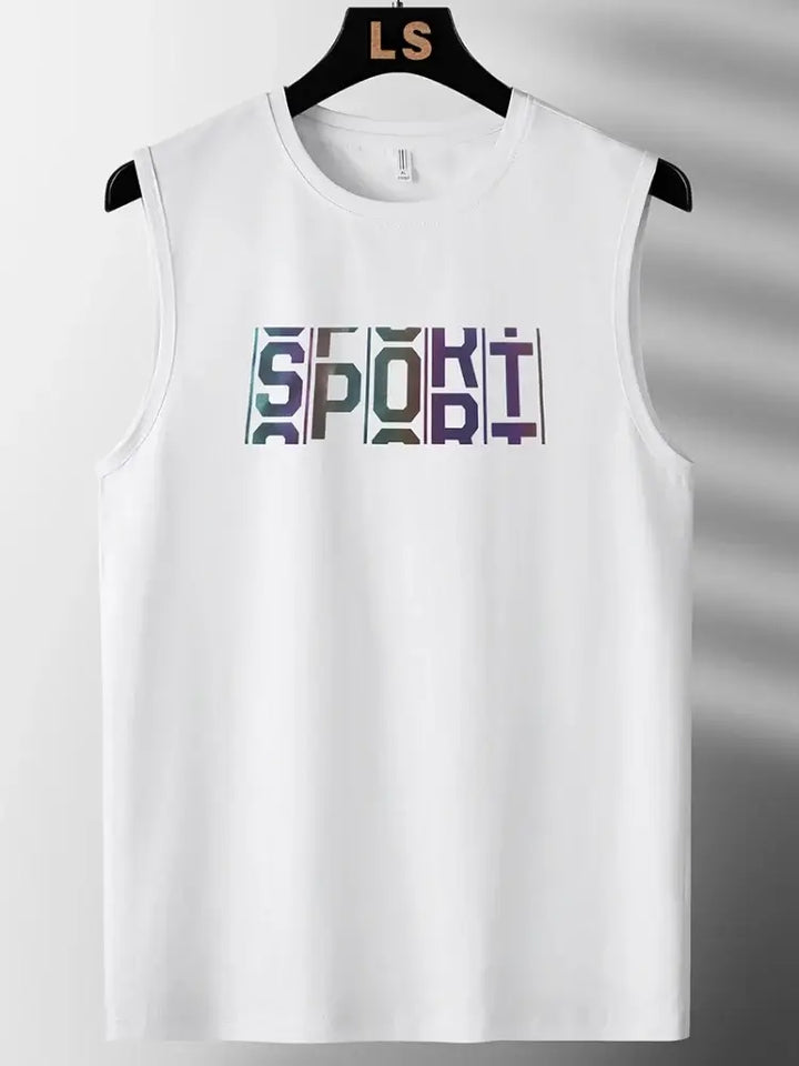 Plus size men's white tank top featuring colorful "SPORT" graphic for comfort and style.