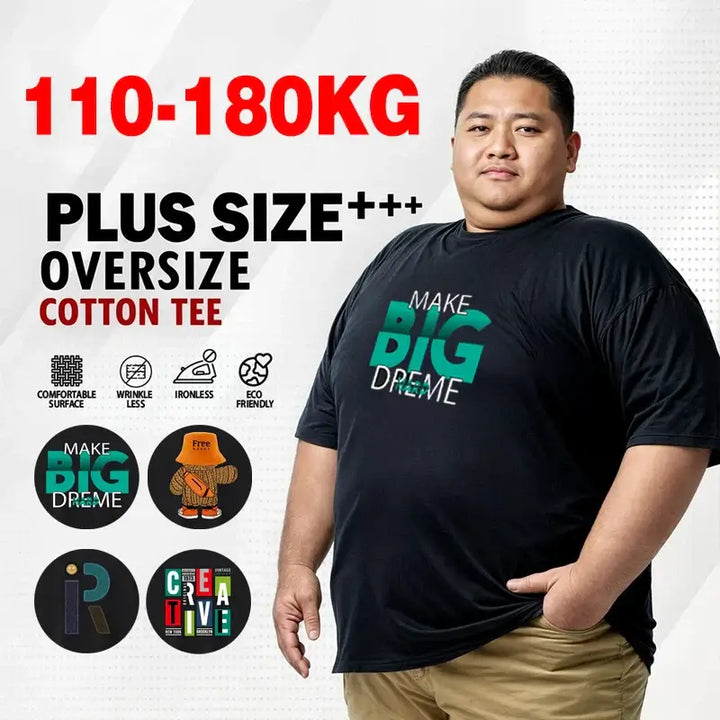 Plus Size Oversized Cotton T-Shirt for Men with Stylish Graphic Print in Black