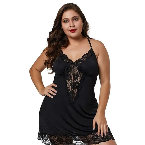 Plus Size Sleeveless Lace Spaghetti Straps Women Sleep Dress in Black