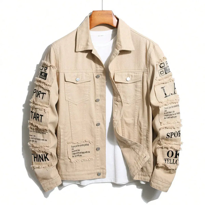 Multi Patches Men's Denim Jacket - Vintage Streetwear in Beige with Stylish Patches, Front View, Perfect for Spring and Summer Fashion