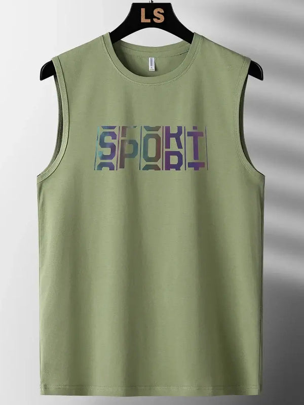 Olive green plus size tank top for men featuring a stylish "SPORT" graphic design. Perfect for comfort and casual wear.