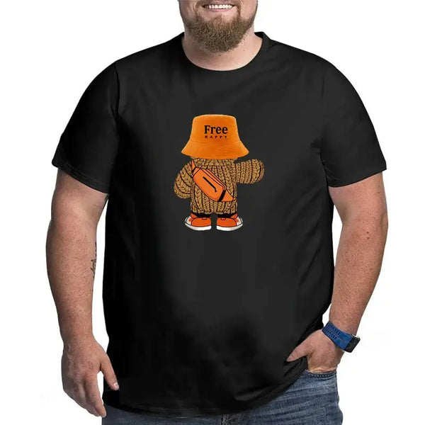 Plus size man wearing oversized black cotton T-shirt with stylish graphic print and orange accents, showcasing comfort and fashion.