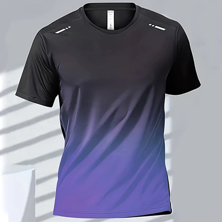 Gradient colour unisex activewear T-shirt in black and purple, featuring 3D graphics and modern design for active lifestyles.