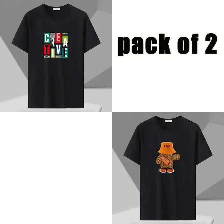 Pack of 2 oversized cotton t-shirts for men, featuring stylish graphic prints, ideal for summer comfort and plus size fashion.