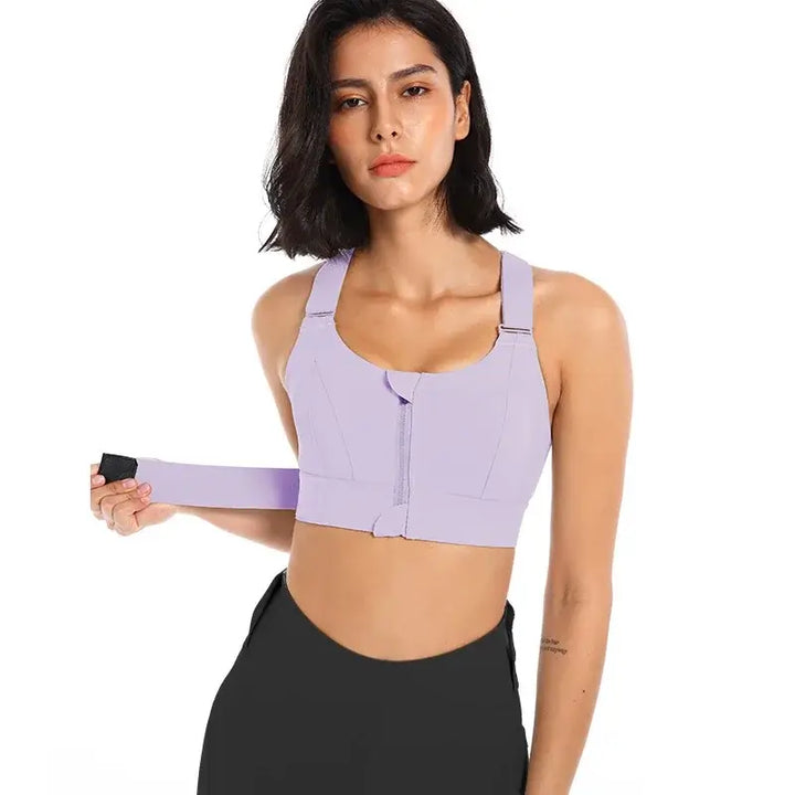 Front zipper sports bra for plus size women in lavender, ideal for high-impact workouts and easy wear.