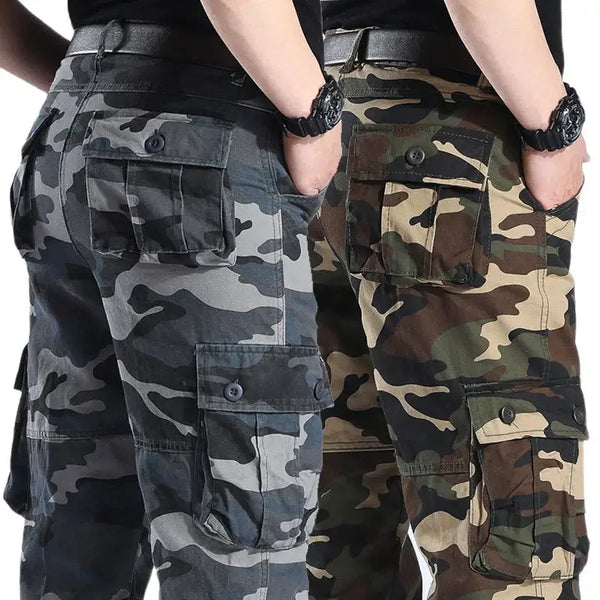 Camouflage men's cargo pants in black and green patterns showcasing pockets and stylish design for outdoor adventures.