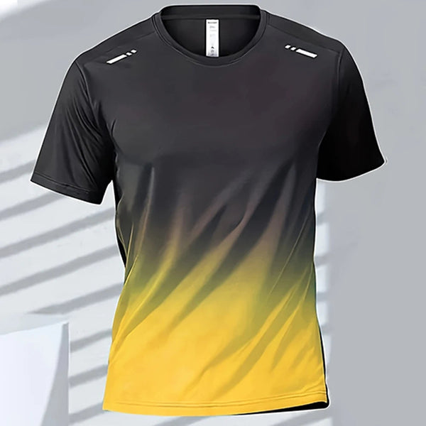 Gradient colour unisex activewear t-shirt in black and yellow for sports and casual wear. Sizes S-5XL available.