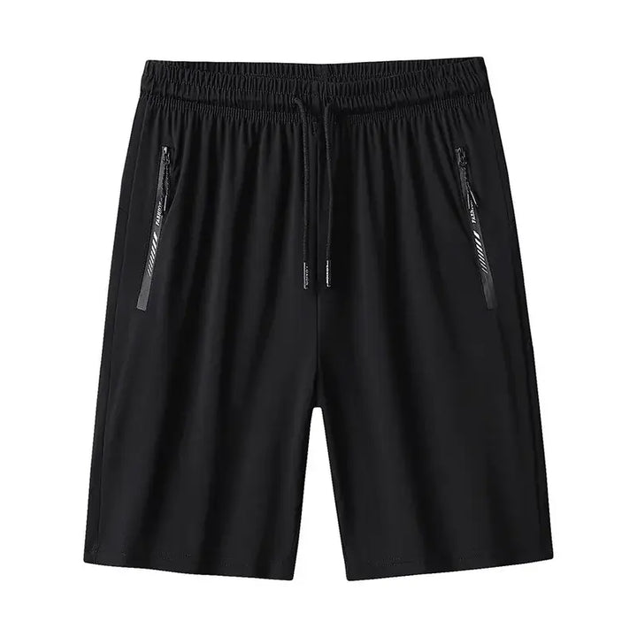 Men's black short length sweatpants with zipper pockets for summer comfort and style.