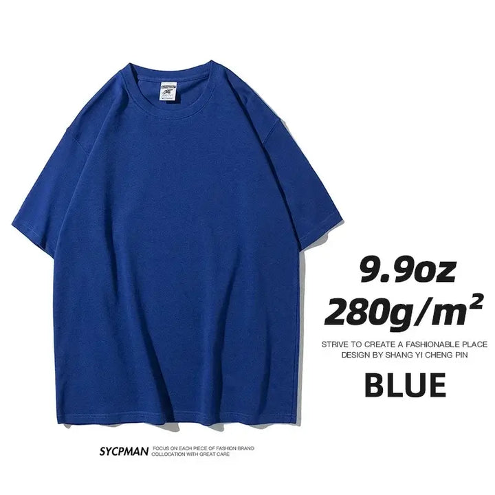 Blue oversized unisex t-shirt made of 280gm cotton fabric, featuring a classic team collar for comfort and style in modern fashion.