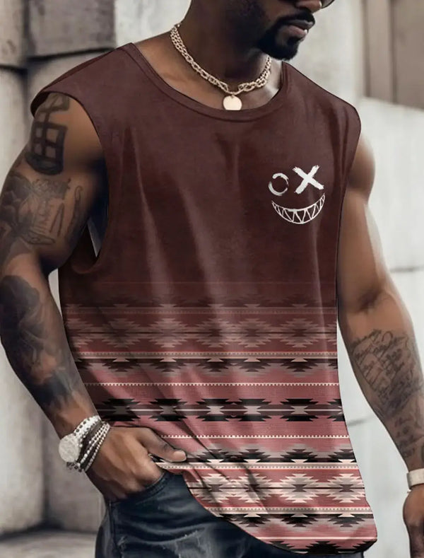 Stylish graphic casual men's singlet in brown with unique design, perfect for fitness and street style looks.