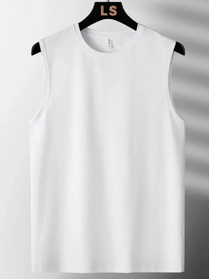 White plus size tank top for men displayed on a hanger, showcasing a comfortable and stylish design.