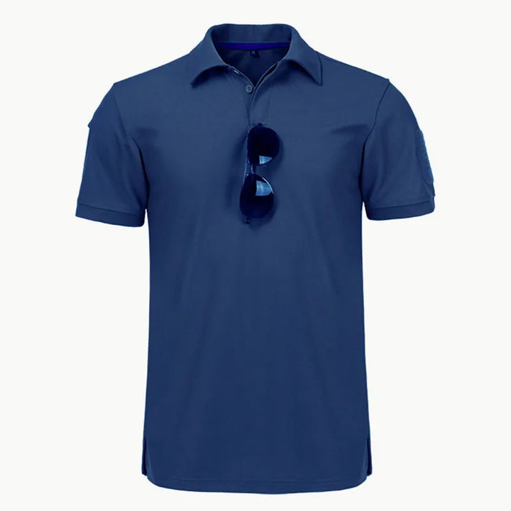 Quick Dry Military Style Men's Sports Polo Shirt in Navy Blue with Sunglasses