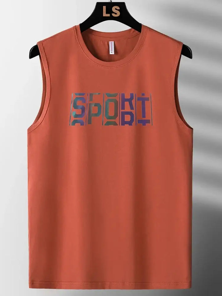 Plus size men's tank top in rust color with "SPORT" graphic design, ideal for workouts and casual wear.