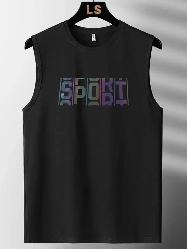 Black plus size tank top for men featuring a vibrant sport graphic, ideal for workouts and casual wear.