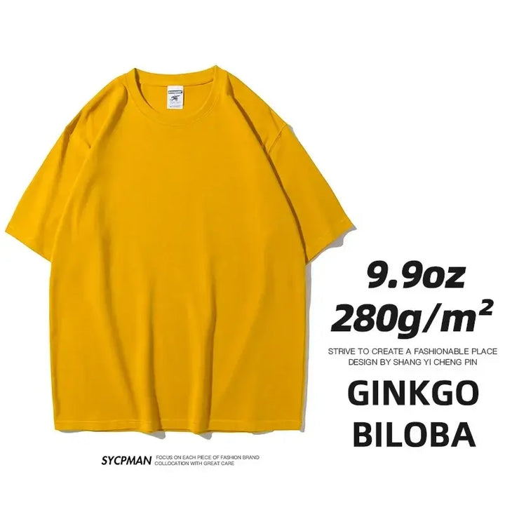 Oversized unisex yellow cotton t-shirt, 280gm fabric, classic design for modern style and comfort.